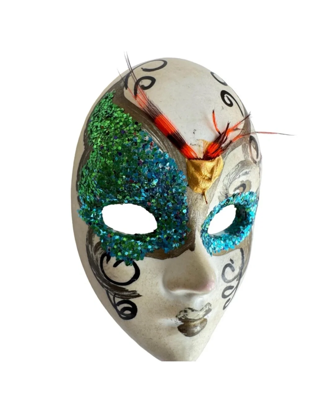 Vtg Venetian Style Masquerade Mask Brooch Pin Mardi Gras Carnival Glitter Boxed
